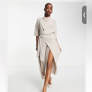 ASOS cowl neck midi dress with wrap skirt in taupe